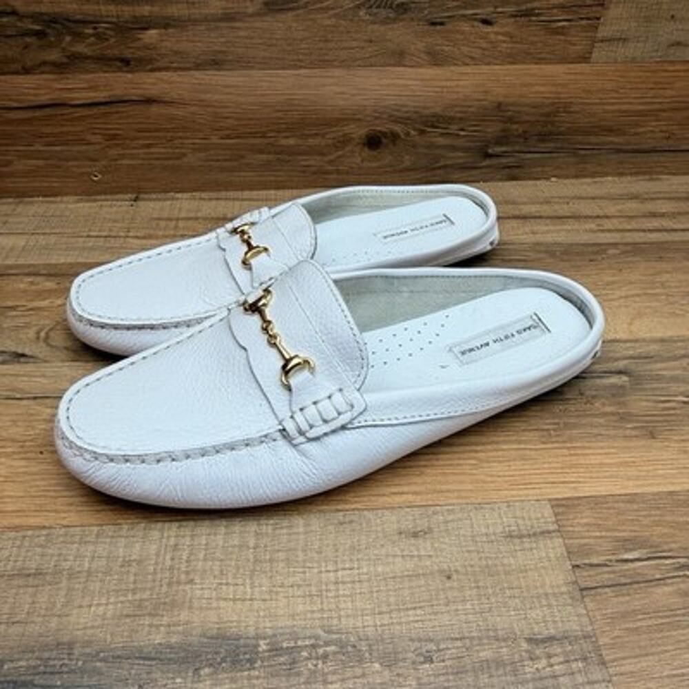 Saks Fifth Avenue Wo’s 8.5 White Pebbled Leather Horsebit Mule Loafers Gold
